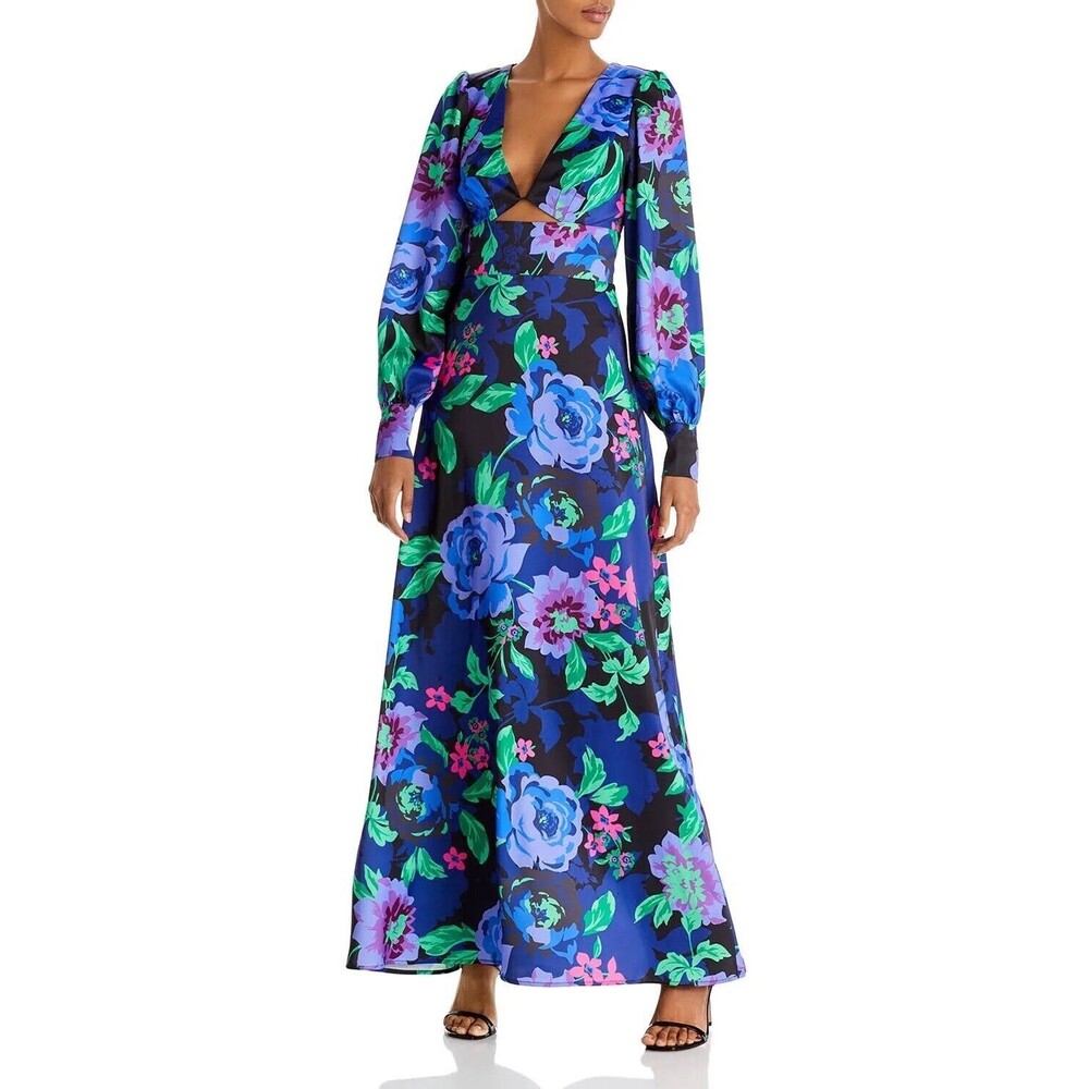 AFRM Dolores Cutout Details Floral Maxi LS Satin Dress Midnight Bouquet XXS NWT